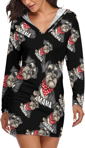 Schnauzer Mom Nightgowns For Women Long Sleeve Pajama Dress Sleepwear Hoodie Dress Loungewear Sleep Dress