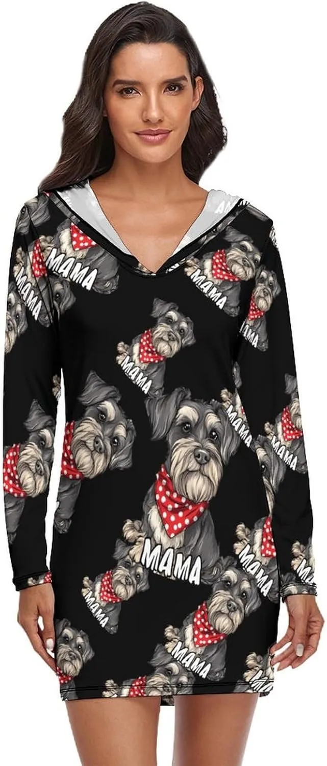 Schnauzer Mom Nightgowns For Women Long Sleeve Pajama Dress Sleepwear Hoodie Dress Loungewear Sleep Dress