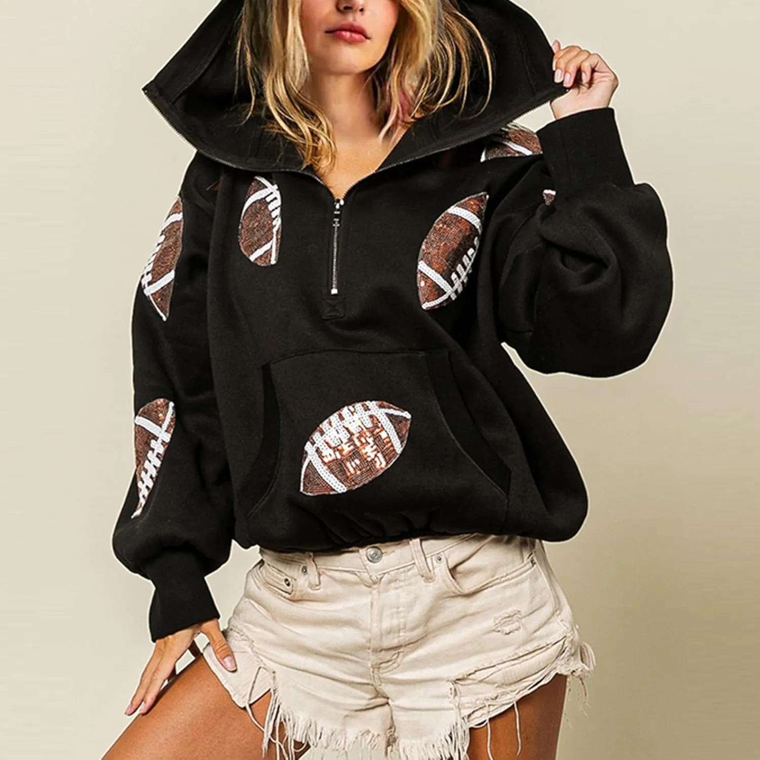 SeekMe Womens Game Day Sweatshirts Football Sequin Hoodies Tailgate Outfits Long Sleeve Zipper Sweaters with Pocket