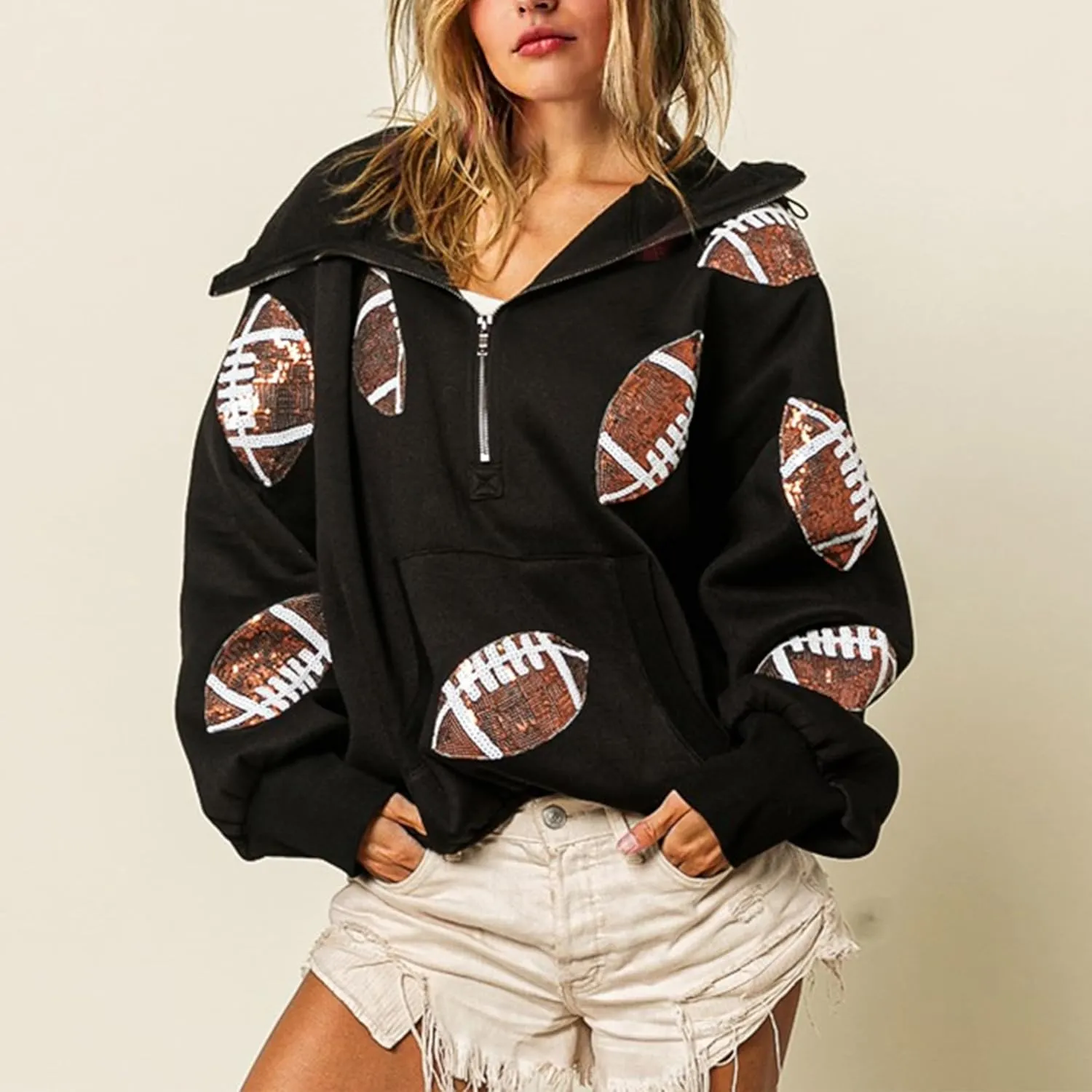 SeekMe Womens Game Day Sweatshirts Football Sequin Hoodies Tailgate Outfits Long Sleeve Zipper Sweaters with Pocket