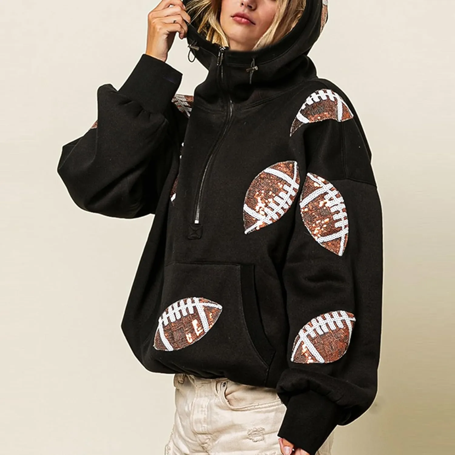 SeekMe Womens Game Day Sweatshirts Football Sequin Hoodies Tailgate Outfits Long Sleeve Zipper Sweaters with Pocket