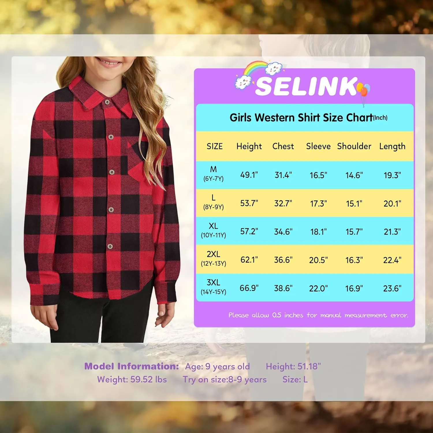 SELINK Girls Long Sleeve Flannel Shirt Kids Buffalo Plaid Button Down Shirt Casual Cute Flannel Blouse Tops