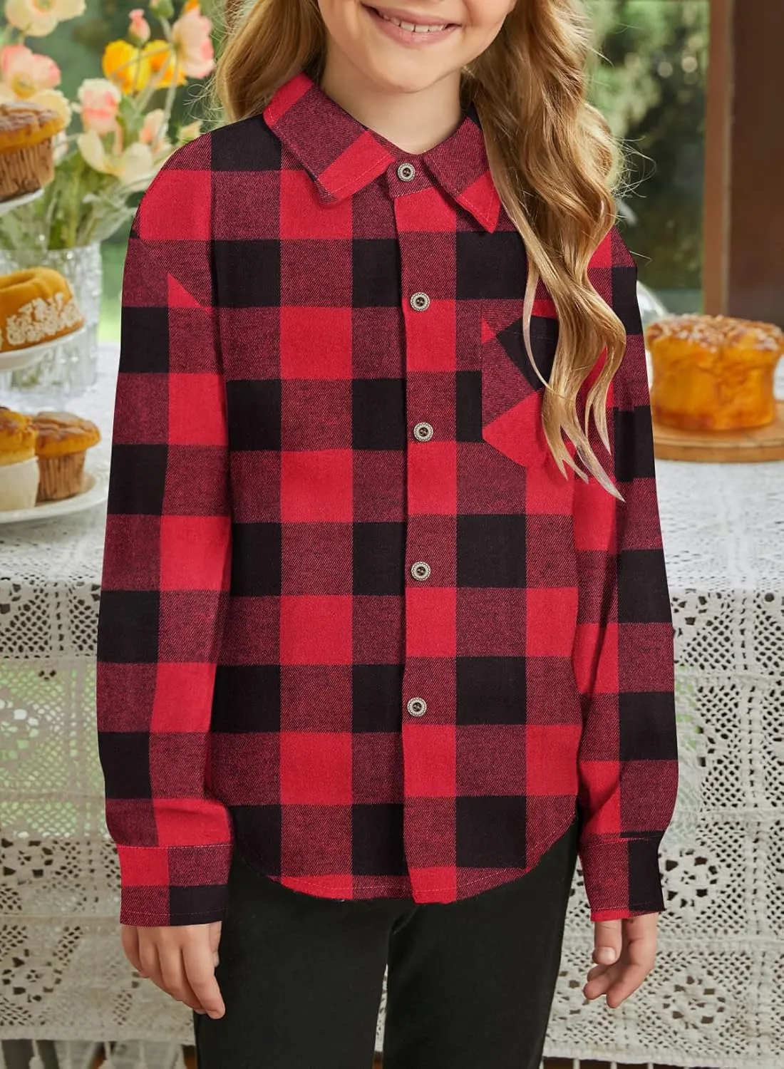 SELINK Girls Long Sleeve Flannel Shirt Kids Buffalo Plaid Button Down Shirt Casual Cute Flannel Blouse Tops