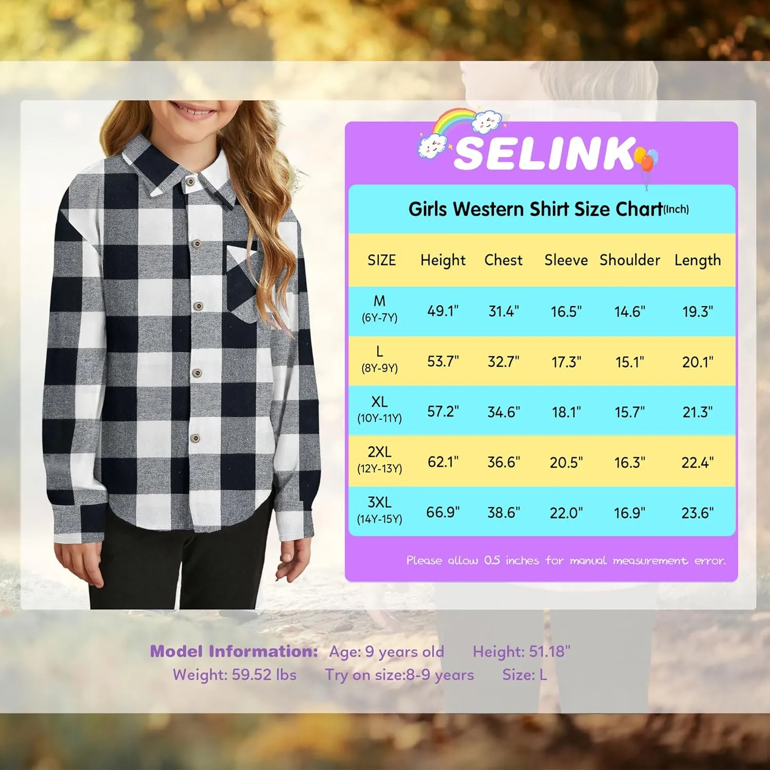 SELINK Girls Long Sleeve Flannel Shirt Kids Buffalo Plaid Button Down Shirt Casual Cute Flannel Blouse Tops