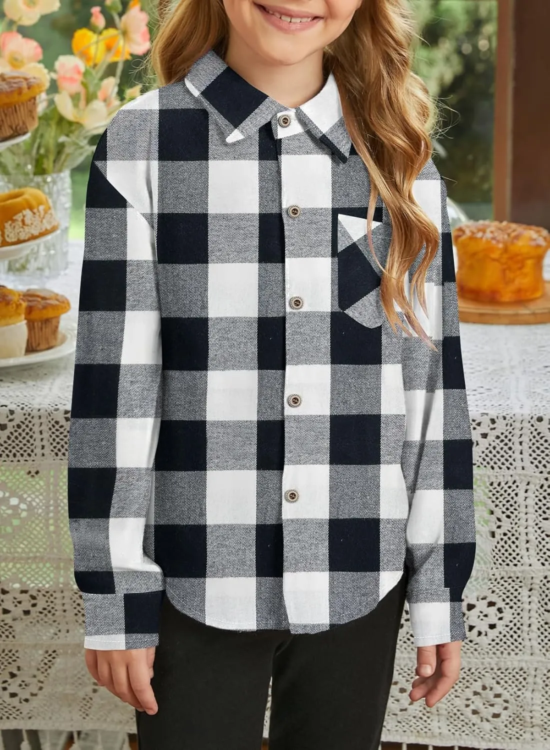 SELINK Girls Long Sleeve Flannel Shirt Kids Buffalo Plaid Button Down Shirt Casual Cute Flannel Blouse Tops