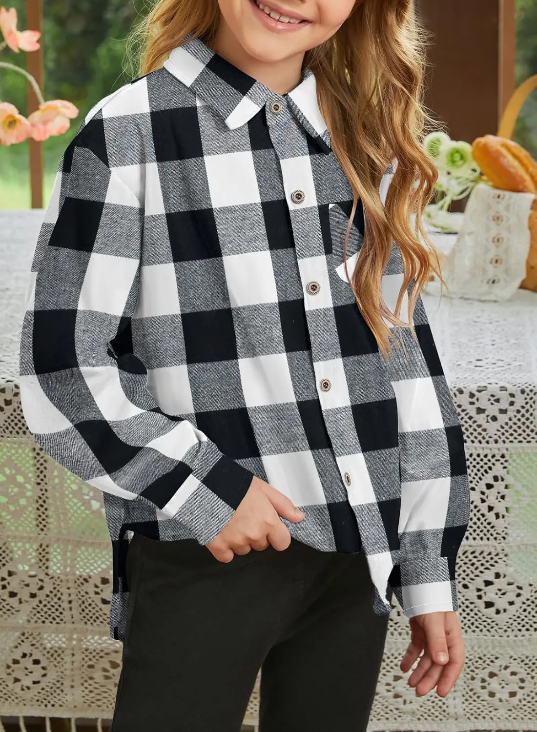 SELINK Girls Long Sleeve Flannel Shirt Kids Buffalo Plaid Button Down Shirt Casual Cute Flannel Blouse Tops