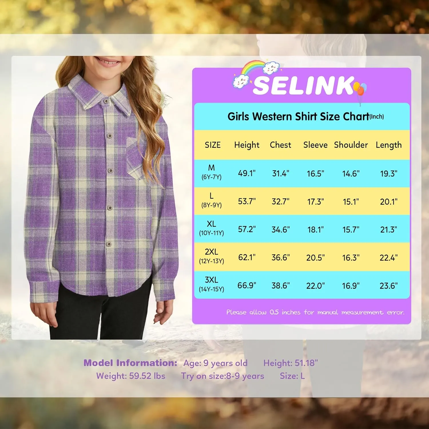 SELINK Girls Long Sleeve Flannel Shirt Kids Buffalo Plaid Button Down Shirt Casual Cute Flannel Blouse Tops