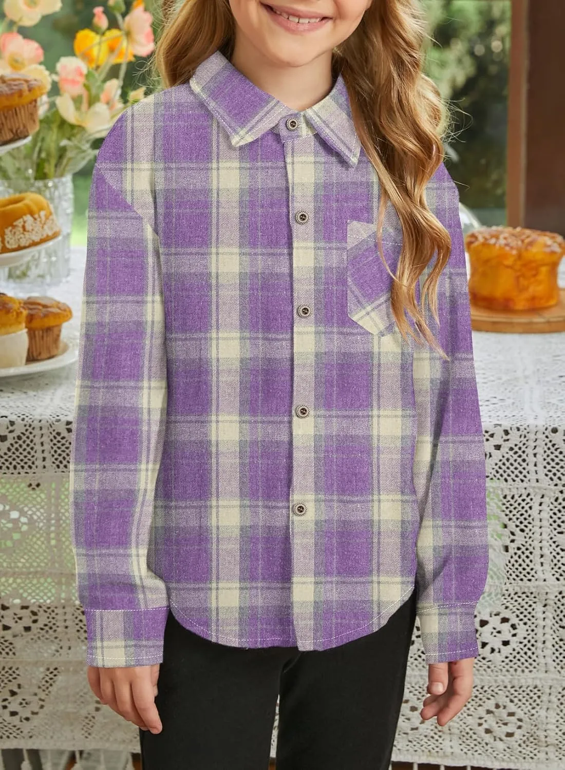 SELINK Girls Long Sleeve Flannel Shirt Kids Buffalo Plaid Button Down Shirt Casual Cute Flannel Blouse Tops