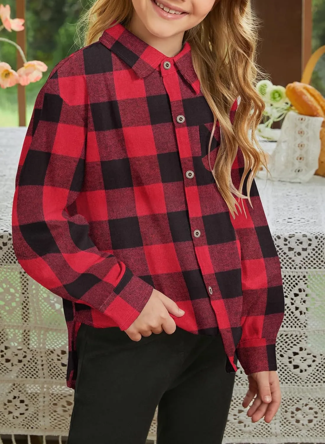 SELINK Girls Long Sleeve Flannel Shirt Kids Buffalo Plaid Button Down Shirt Casual Cute Flannel Blouse Tops