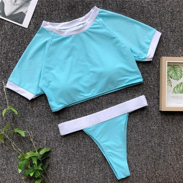 Sexy Leopard Print Short Sleeve Sport Crop Top Bikini Set