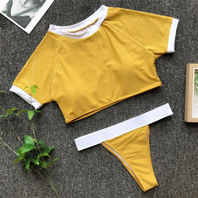 Sexy Leopard Print Short Sleeve Sport Crop Top Bikini Set