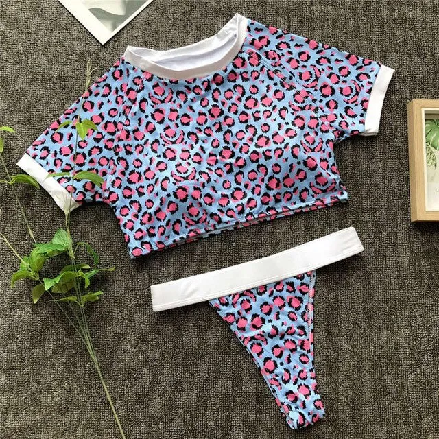 Sexy Leopard Print Short Sleeve Sport Crop Top Bikini Set