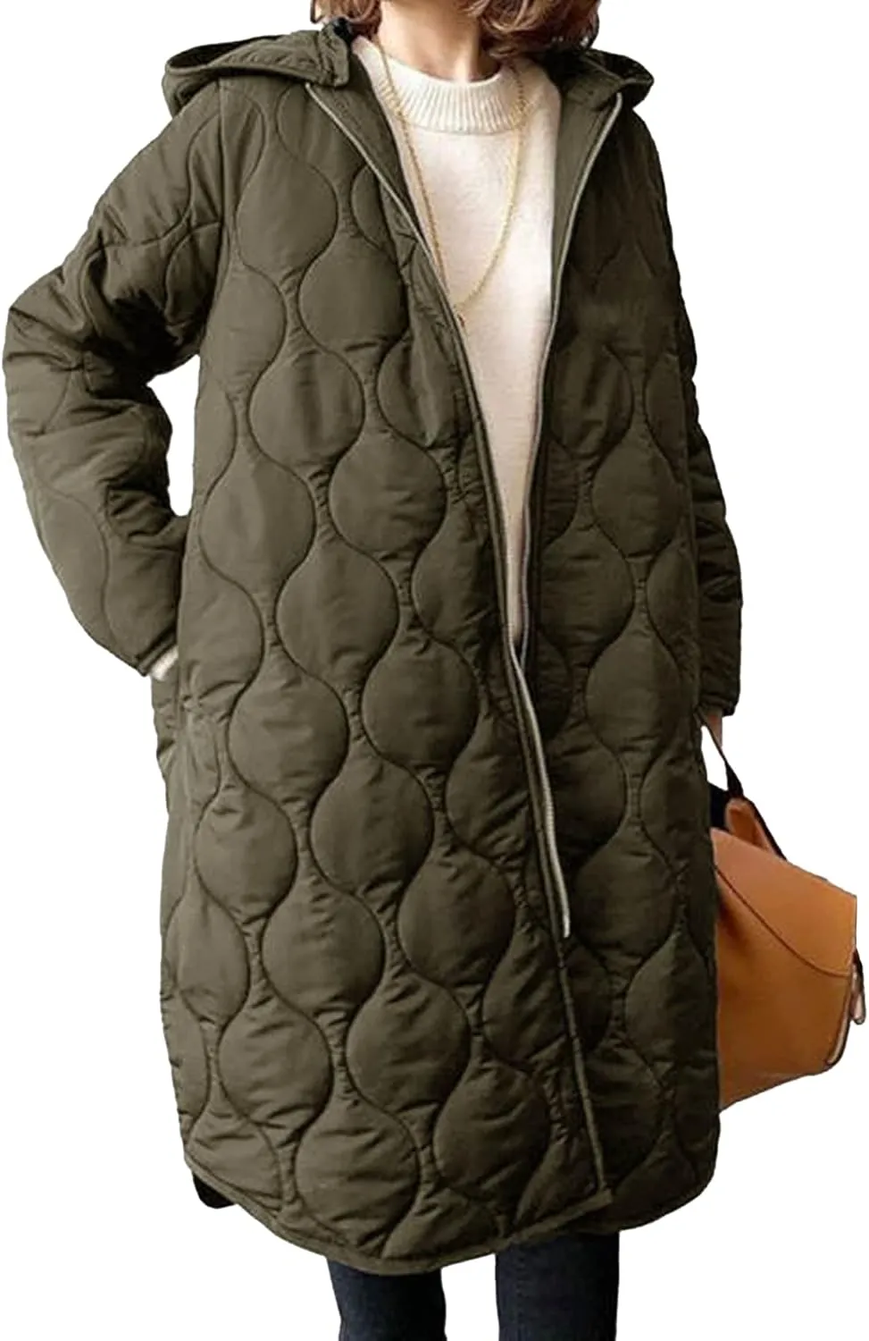 Sexyshine Women's Diamond Quilted Jacket Zipper Up Hooded Long Lightweight Padding Down Coat with Pockets