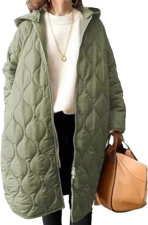 Sexyshine Women's Diamond Quilted Jacket Zipper Up Hooded Long Lightweight Padding Down Coat with Pockets
