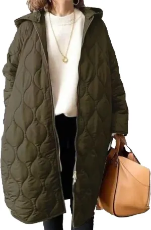 Sexyshine Women's Diamond Quilted Jacket Zipper Up Hooded Long Lightweight Padding Down Coat with Pockets