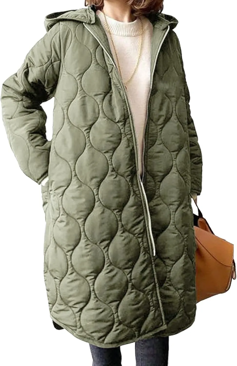 Sexyshine Women's Diamond Quilted Jacket Zipper Up Hooded Long Lightweight Padding Down Coat with Pockets