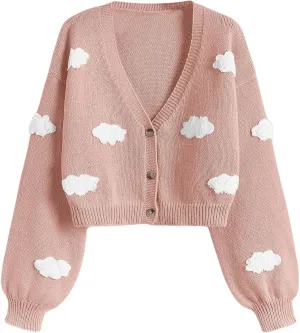 SHENHE Women's Cloud Print Button Down Sweaters V Neck Long Sleeve Crop Cardigan Top