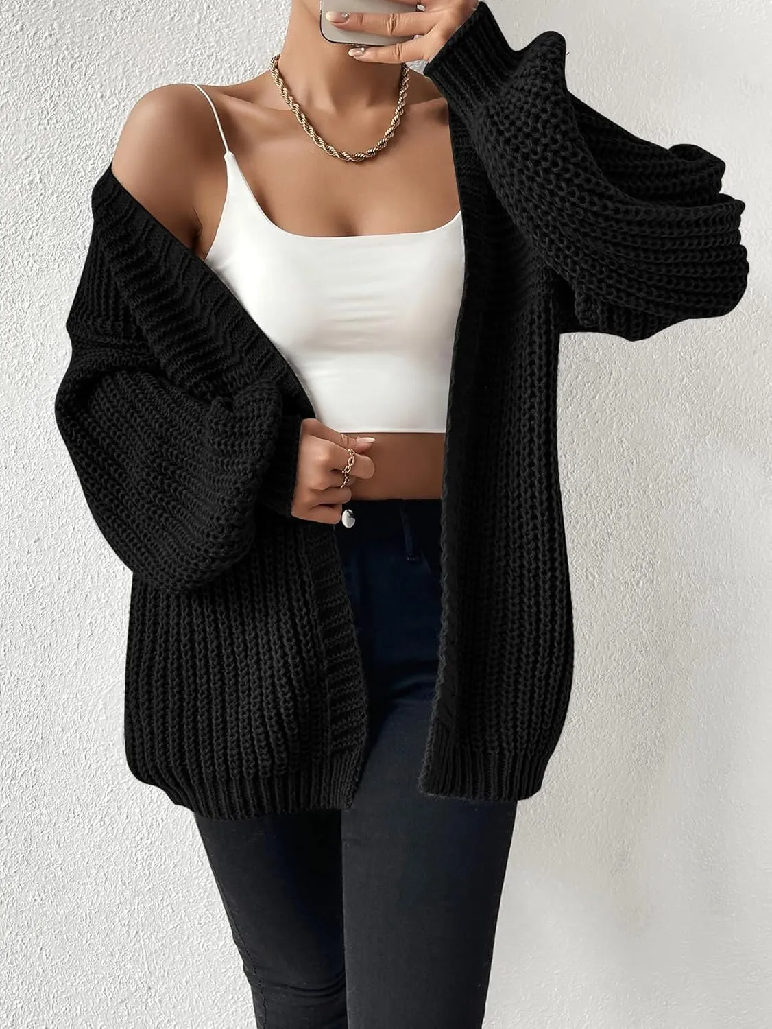 SHENHE Women's Open Front Casual Drop Shoulder Loose Long Cardigan Sweater Outerwear