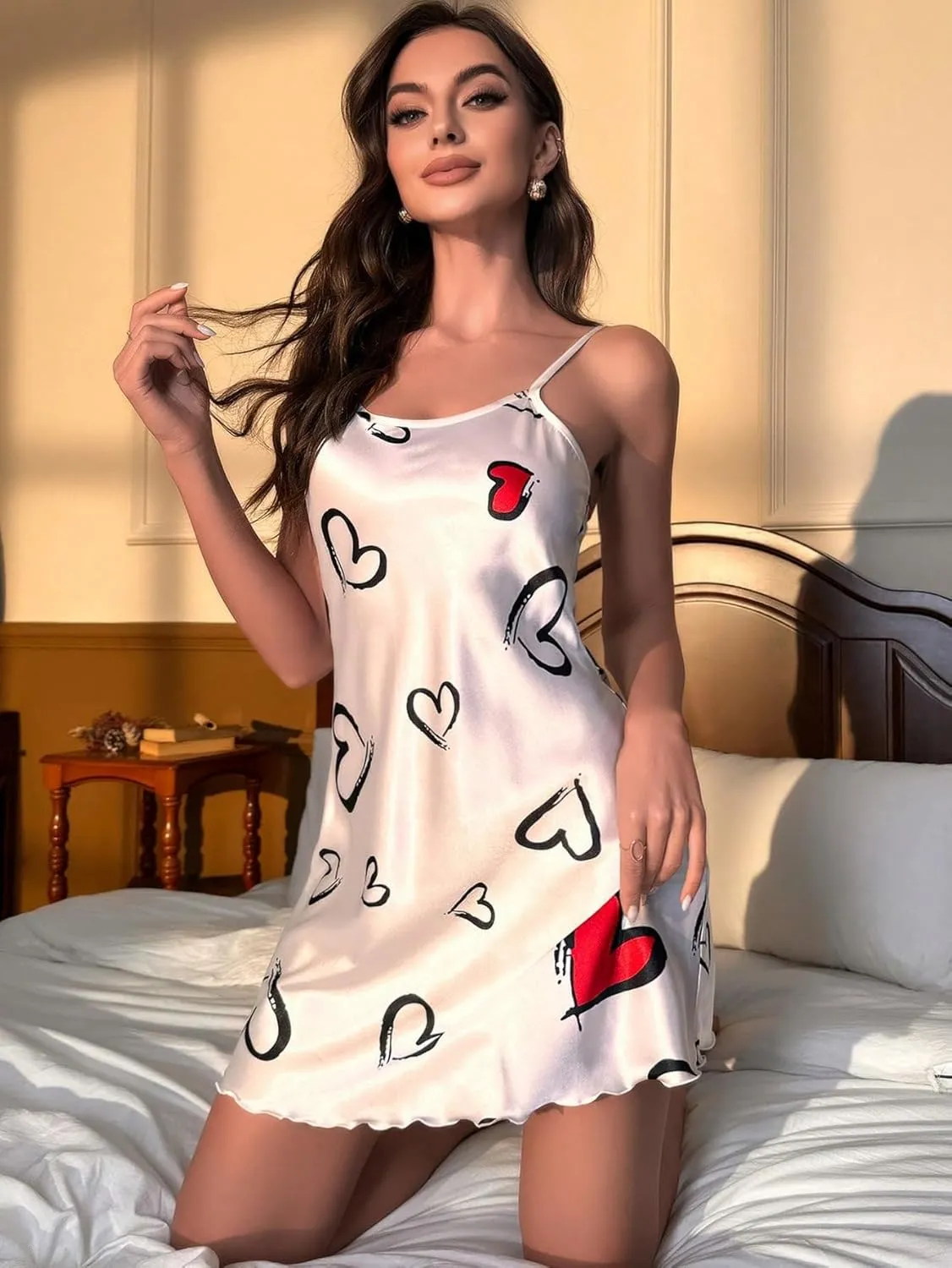 SHENHE Women's Satin Spaghetti Strap Nightgown Sleep Dress Butterfly Chemise Slip Dress