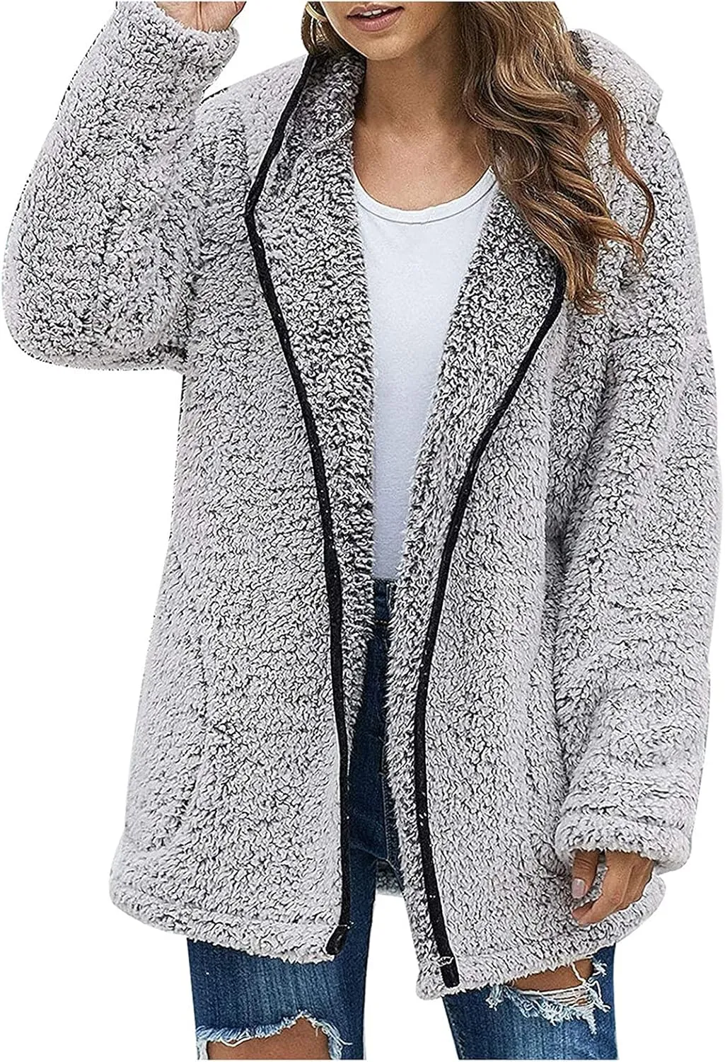 Sherpa Jacket Women Fuzzy Fleece Oversized Open Front Hooded Cardigan Cozy Soft Fluffy Sweater Coats with Pockets