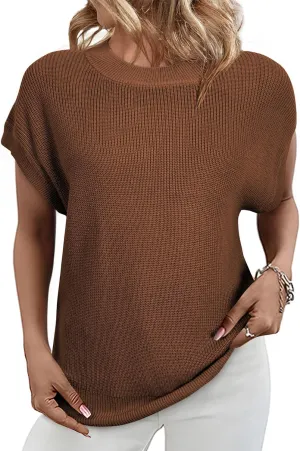 SHEWIN Womens Sweaters Crewneck Short Sleeve Shirts Casual Ribbed Knit Pullover Sweater Loose Tops for Women 2025