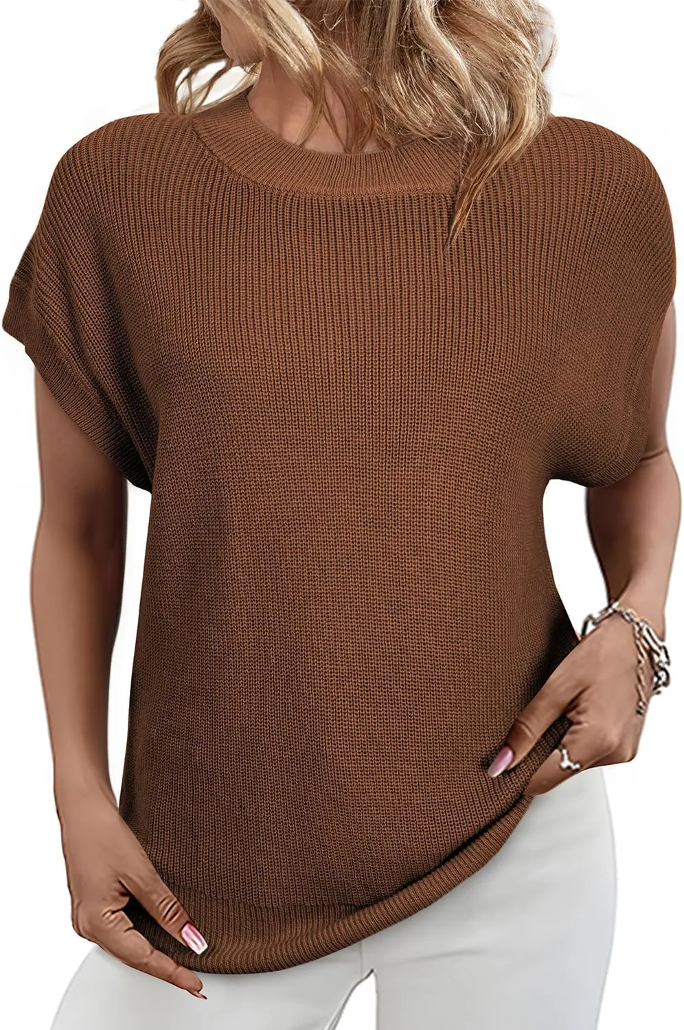 SHEWIN Womens Sweaters Crewneck Short Sleeve Shirts Casual Ribbed Knit Pullover Sweater Loose Tops for Women 2025