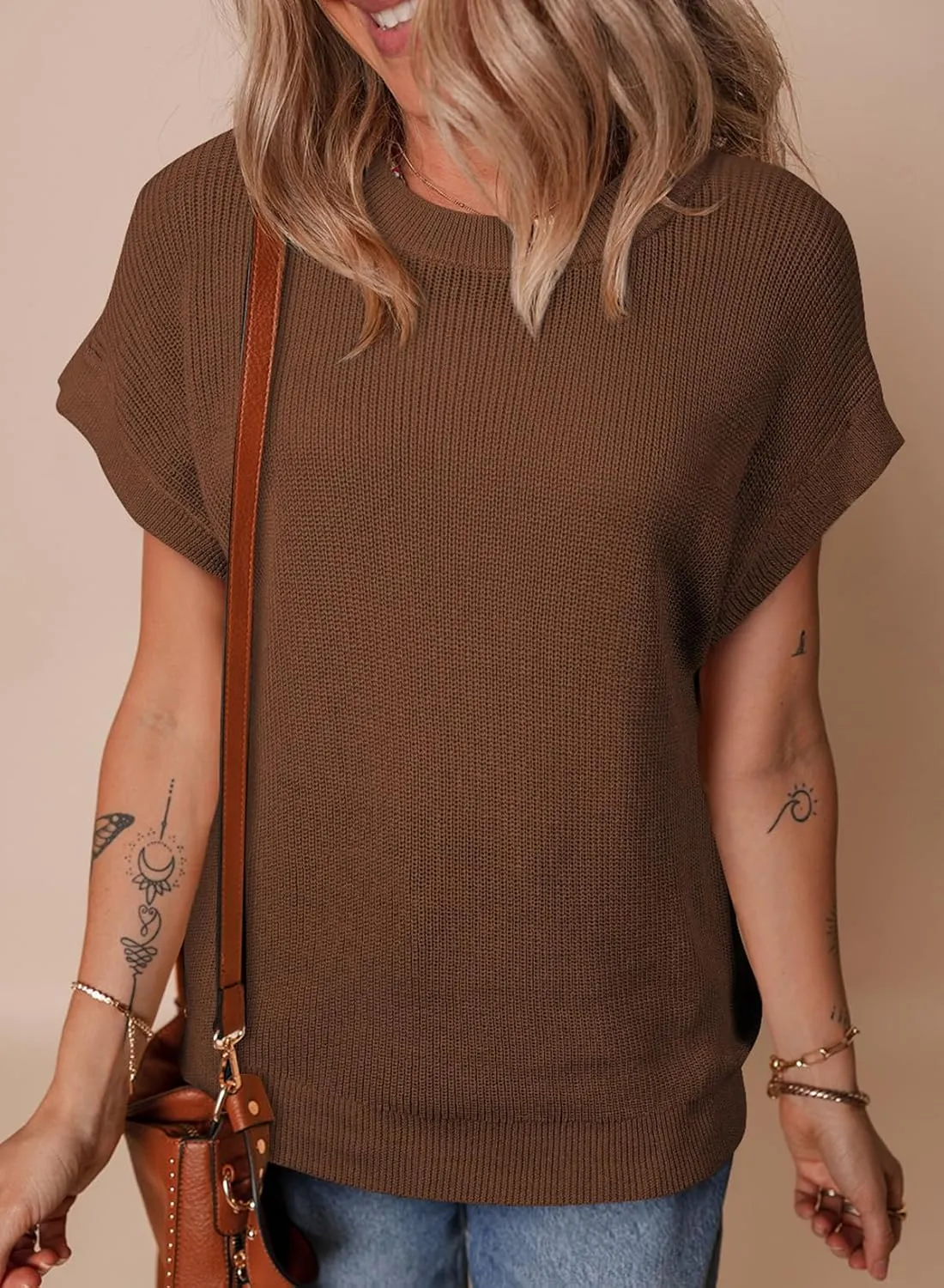 SHEWIN Womens Sweaters Crewneck Short Sleeve Shirts Casual Ribbed Knit Pullover Sweater Loose Tops for Women 2025