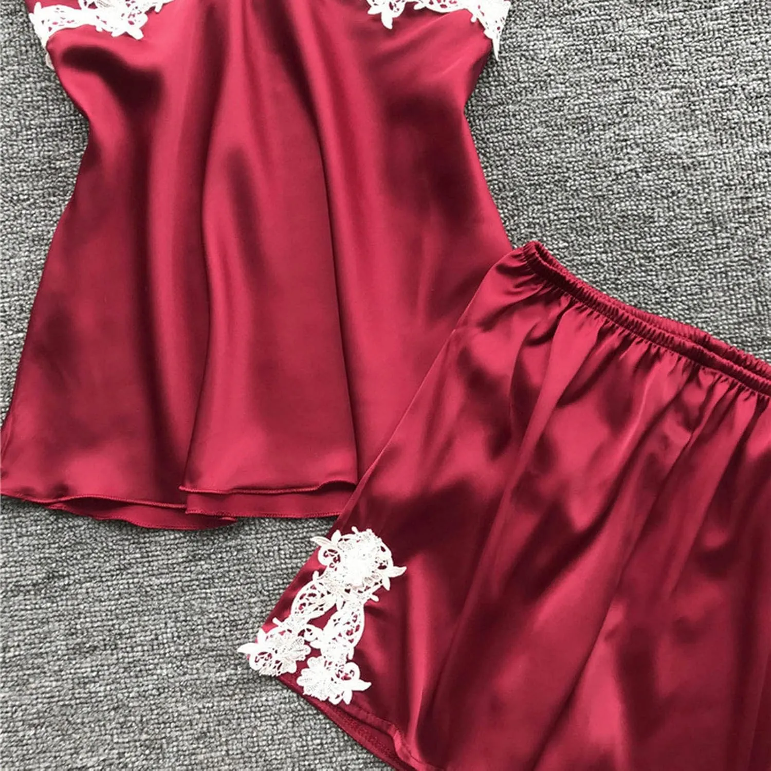 Silk Pajamas for Women Sexy 5pcs Summer Satin Sleepwear Set Lace Trim Robe Cami Shorts Pants Dress Soft Loungwear Set