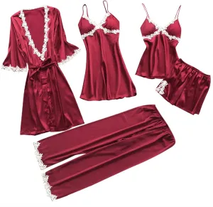 Silk Pajamas for Women Sexy 5pcs Summer Satin Sleepwear Set Lace Trim Robe Cami Shorts Pants Dress Soft Loungwear Set