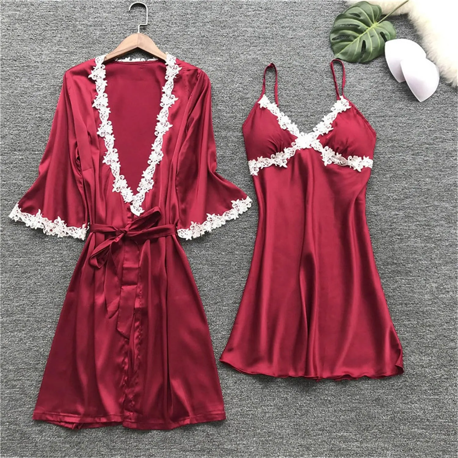 Silk Pajamas for Women Sexy 5pcs Summer Satin Sleepwear Set Lace Trim Robe Cami Shorts Pants Dress Soft Loungwear Set