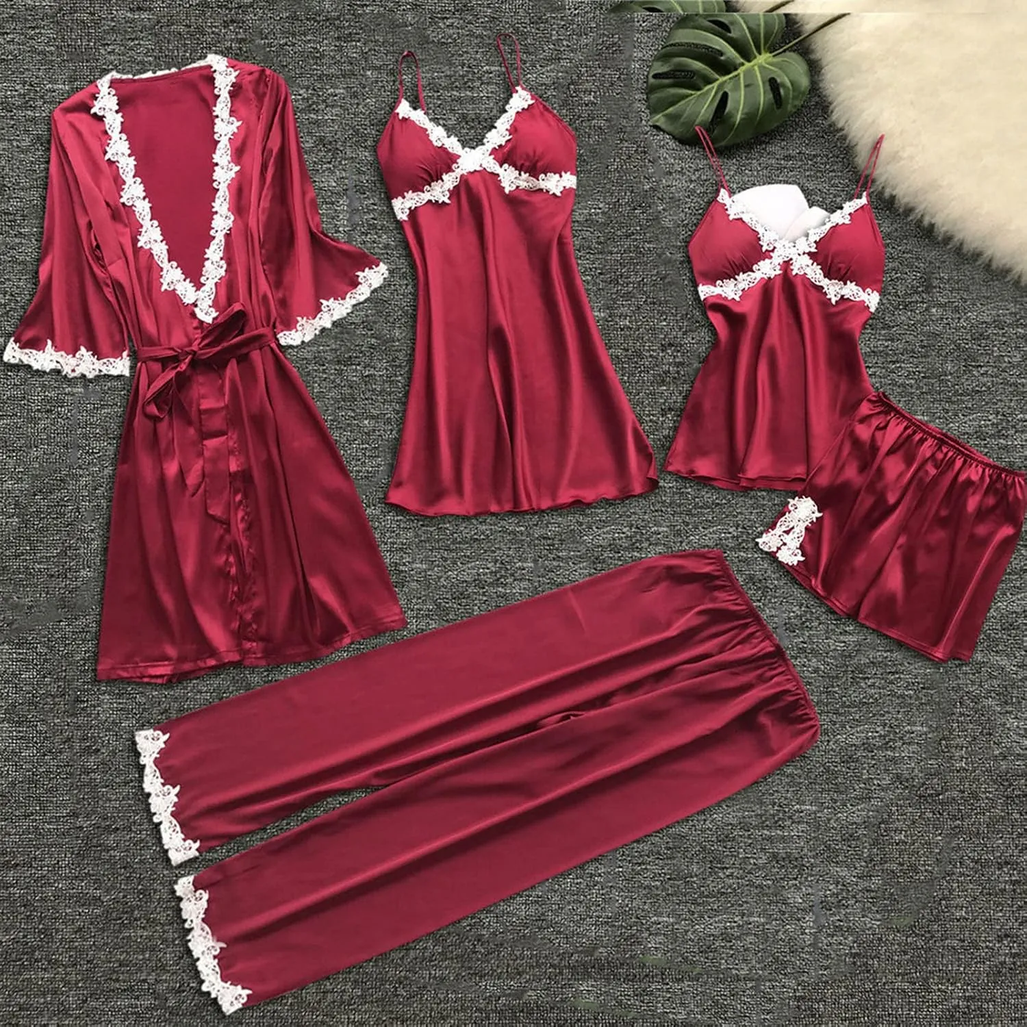 Silk Pajamas for Women Sexy 5pcs Summer Satin Sleepwear Set Lace Trim Robe Cami Shorts Pants Dress Soft Loungwear Set