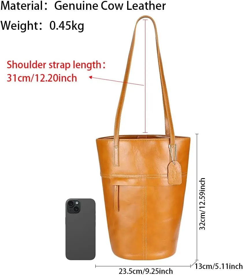 Simple Shoulder Underarm Bags, Genuine Leather Versatile Casual Bucket Bag, Commuting Women's Handbag (CaramelBrown)