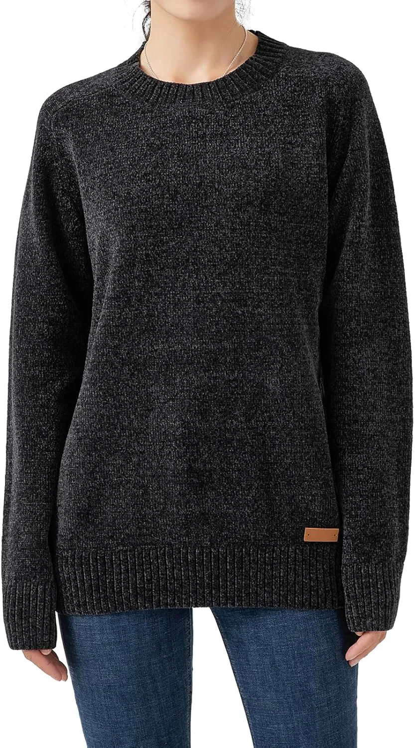 Simple&Opulence Women's Chenille Sweater Crewneck Long Sleeve Pullover Ribbed Cuff Hem Round Neck Jumper Tops