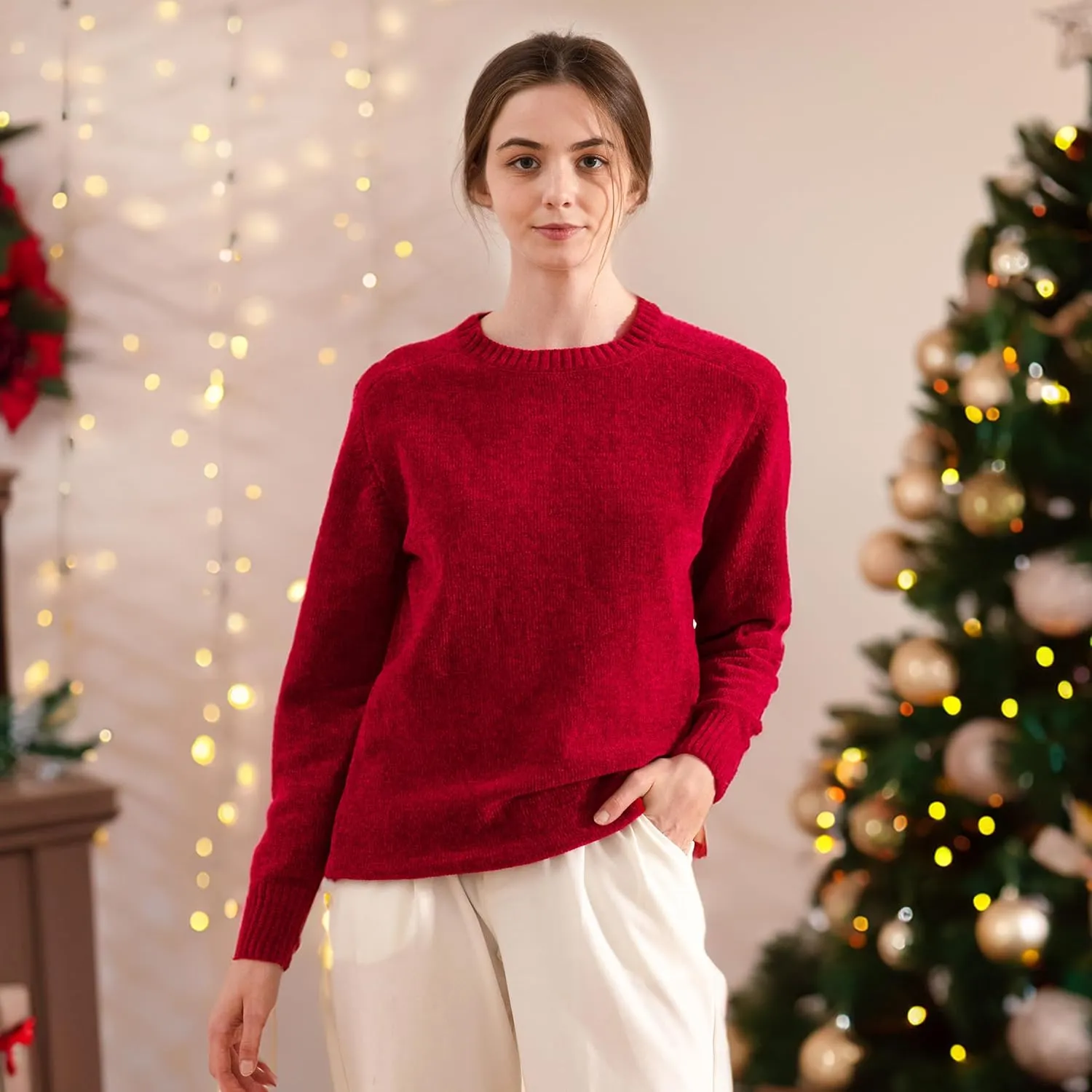 Simple&Opulence Women's Chenille Sweater Crewneck Long Sleeve Pullover Ribbed Cuff Hem Round Neck Jumper Tops