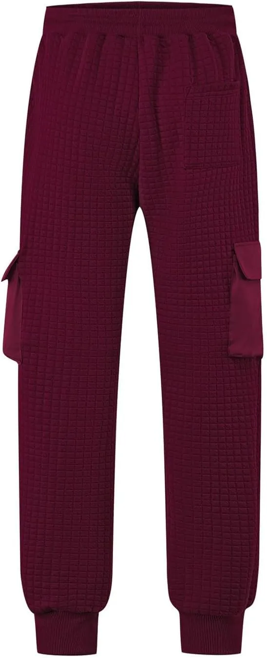 Sinzelimin Men's Cargo Pants Fashion Solid Drawstring Elastic Waist Multiple Pockets Loose Comfy Wide Leg Bound Feet Trouser
