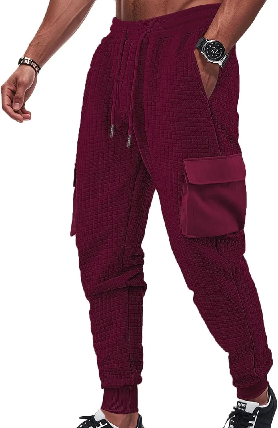Sinzelimin Men's Cargo Pants Fashion Solid Drawstring Elastic Waist Multiple Pockets Loose Comfy Wide Leg Bound Feet Trouser