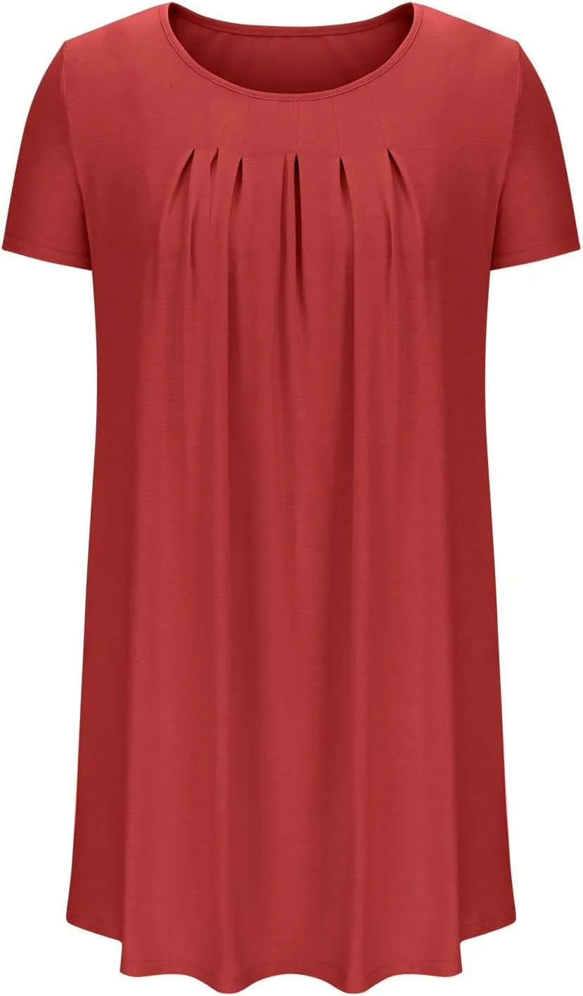 Sleep Shirts Women Short Sleeve Nightgown Round Neck Sleep Dress Pleated Night Shirts Loose Soft Nighty with Pockets