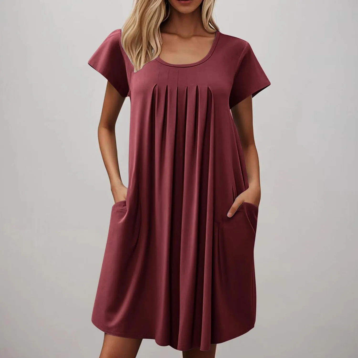 Sleep Shirts Women Short Sleeve Nightgown Round Neck Sleep Dress Pleated Night Shirts Loose Soft Nighty with Pockets
