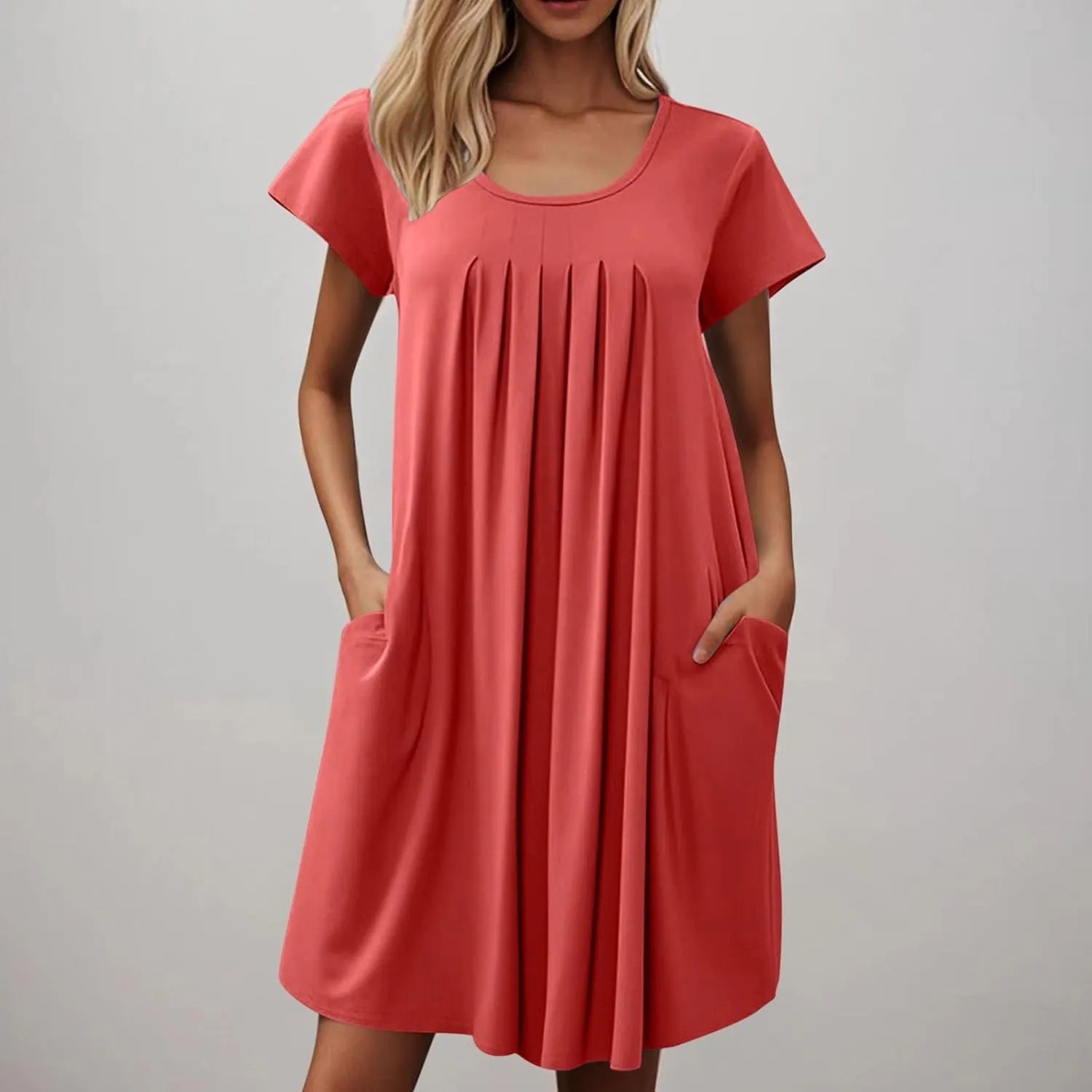 Sleep Shirts Women Short Sleeve Nightgown Round Neck Sleep Dress Pleated Night Shirts Loose Soft Nighty with Pockets