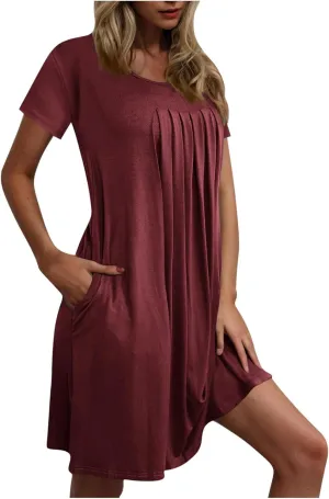 Sleep Shirts Women Short Sleeve Nightgown Round Neck Sleep Dress Pleated Night Shirts Loose Soft Nighty with Pockets
