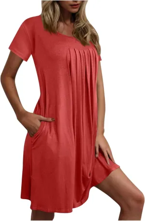 Sleep Shirts Women Short Sleeve Nightgown Round Neck Sleep Dress Pleated Night Shirts Loose Soft Nighty with Pockets