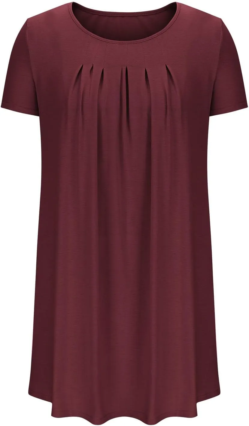 Sleep Shirts Women Short Sleeve Nightgown Round Neck Sleep Dress Pleated Night Shirts Loose Soft Nighty with Pockets