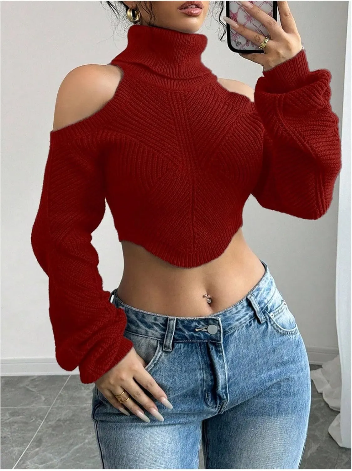 SOLY HUX Sweaters for Women Turtleneck Cold Shoulder Long Sleeve Cropped Pullover Tops Knit Fall Sweater