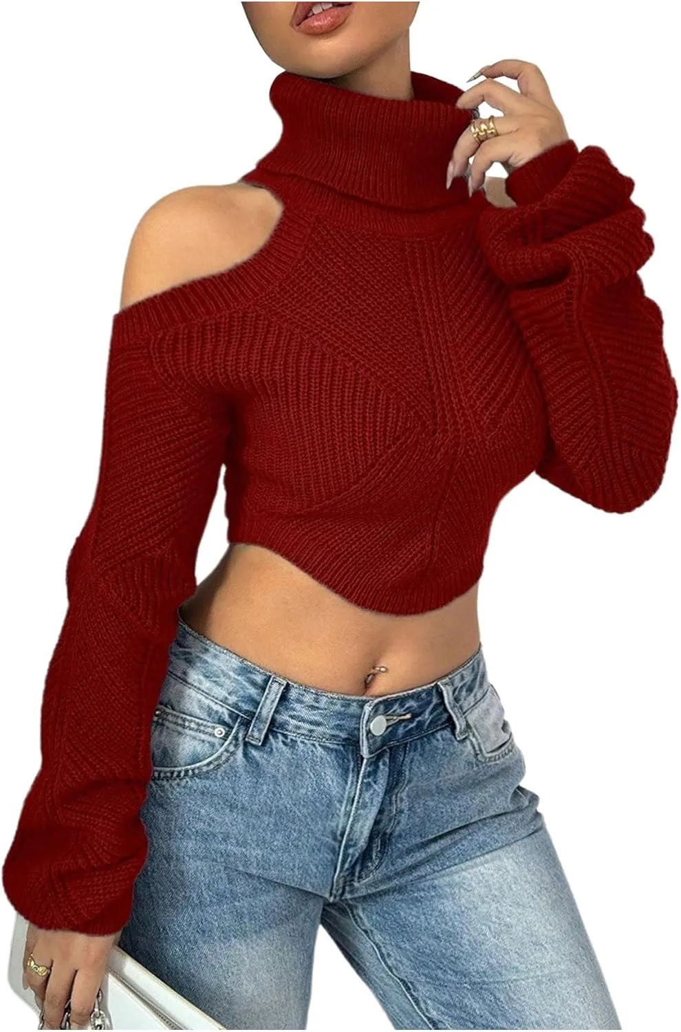 SOLY HUX Sweaters for Women Turtleneck Cold Shoulder Long Sleeve Cropped Pullover Tops Knit Fall Sweater