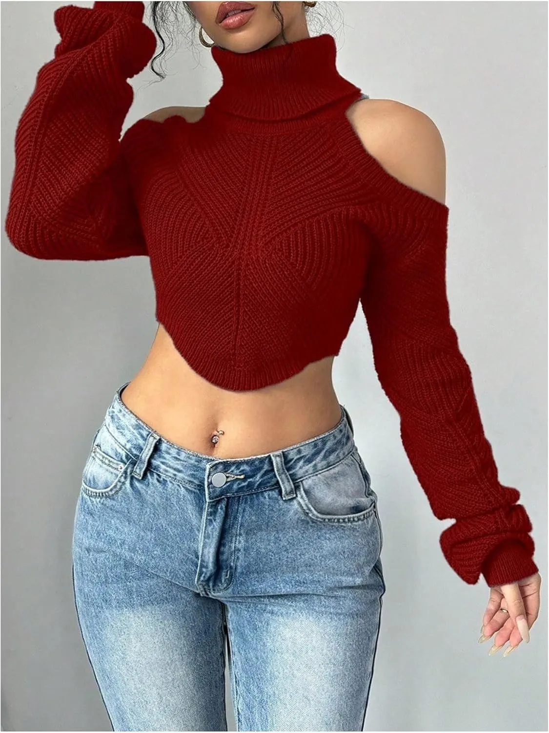 SOLY HUX Sweaters for Women Turtleneck Cold Shoulder Long Sleeve Cropped Pullover Tops Knit Fall Sweater