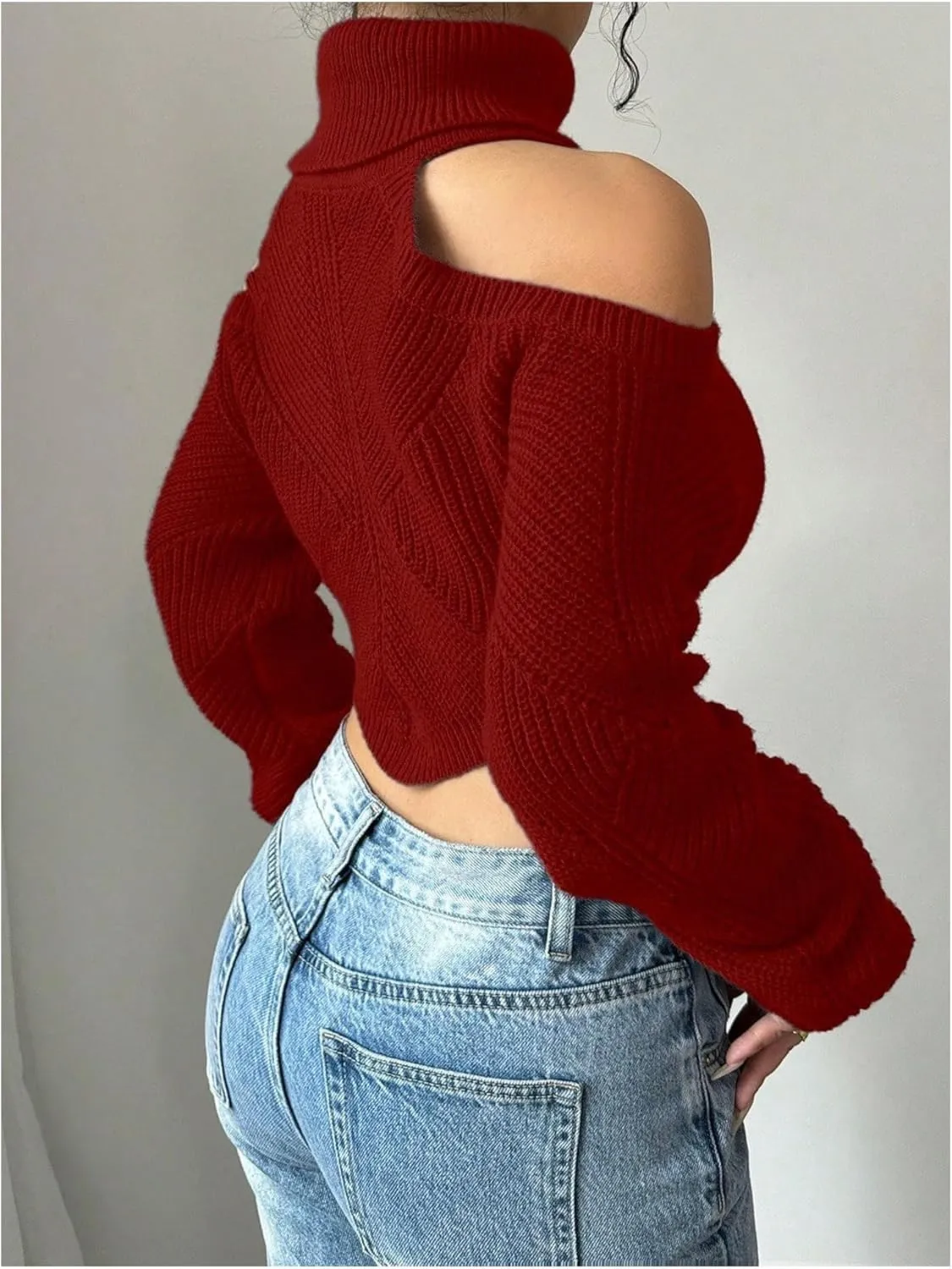 SOLY HUX Sweaters for Women Turtleneck Cold Shoulder Long Sleeve Cropped Pullover Tops Knit Fall Sweater