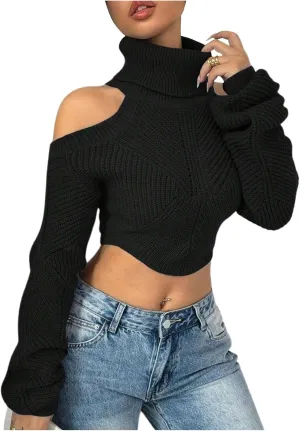 SOLY HUX Sweaters for Women Turtleneck Cold Shoulder Long Sleeve Cropped Pullover Tops Knit Fall Sweater