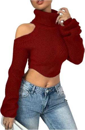 SOLY HUX Sweaters for Women Turtleneck Cold Shoulder Long Sleeve Cropped Pullover Tops Knit Fall Sweater