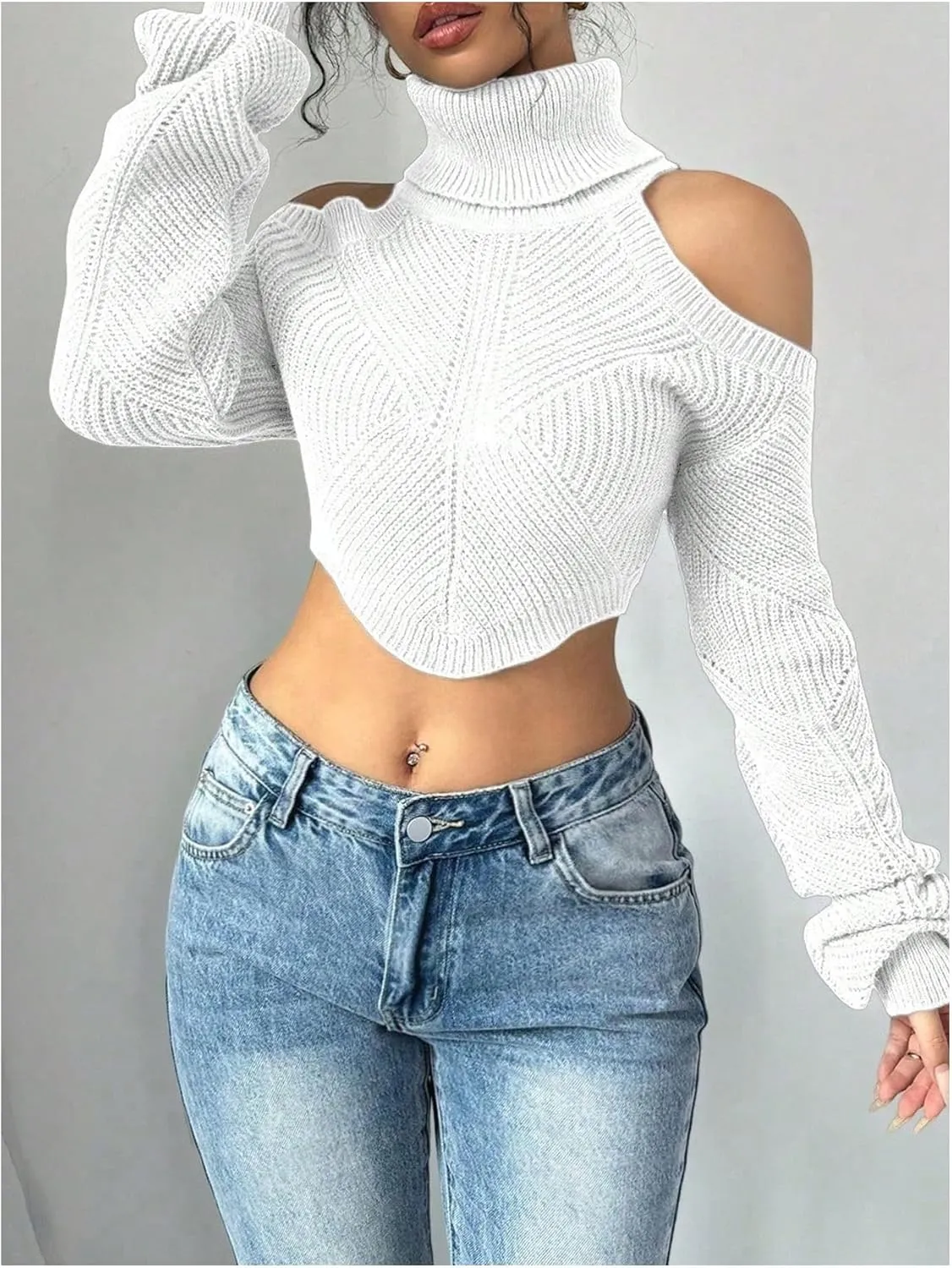 SOLY HUX Sweaters for Women Turtleneck Cold Shoulder Long Sleeve Cropped Pullover Tops Knit Fall Sweater
