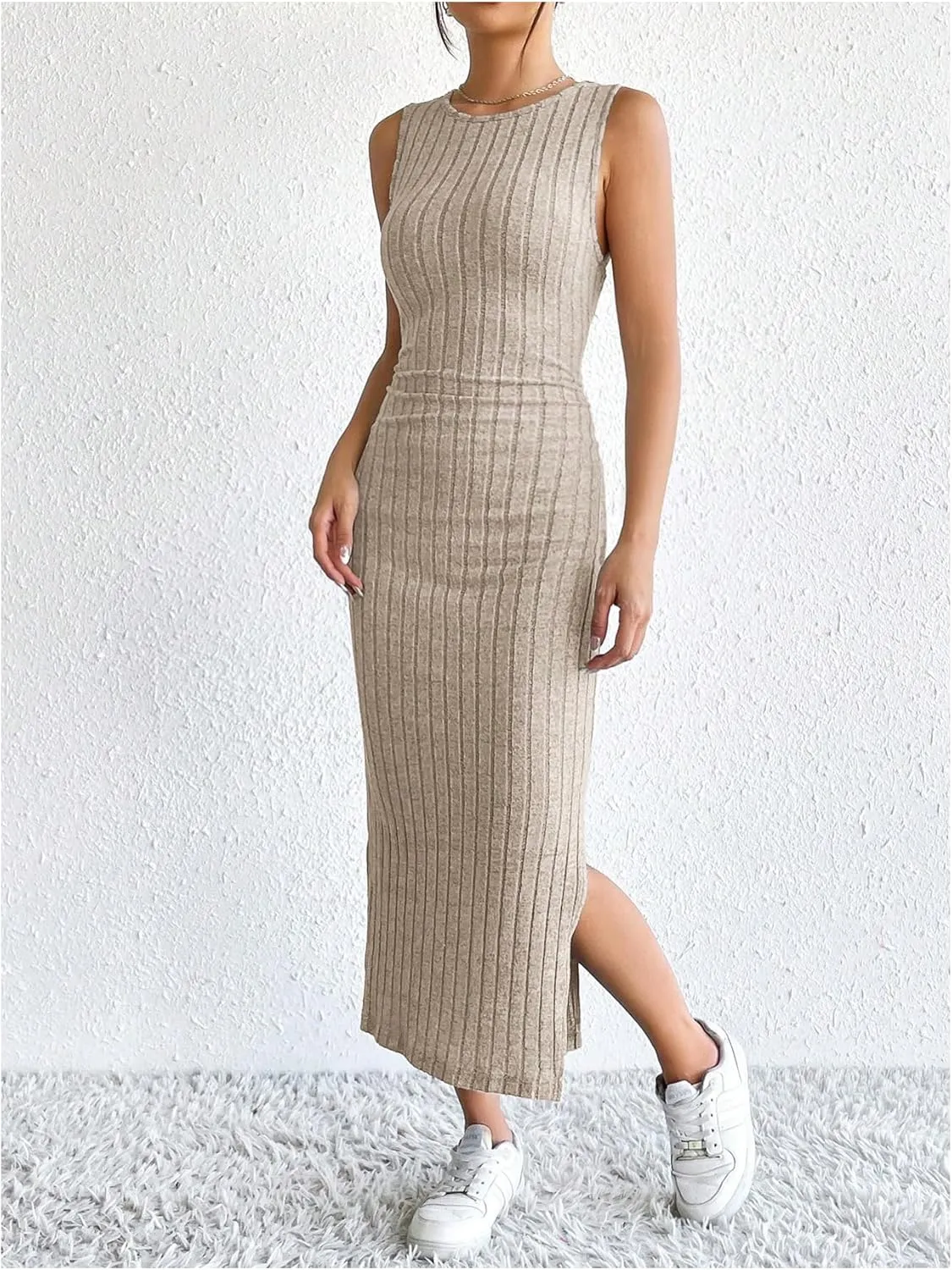 SOLY HUX Women's Casual Ribbed Knit Outfit 2 Piece Bodycon Tank Dress and Long Sleeve Long Cardigan Spring Fall Clothes